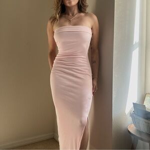 Strapless Blush Pink Midi Bodycon Dress